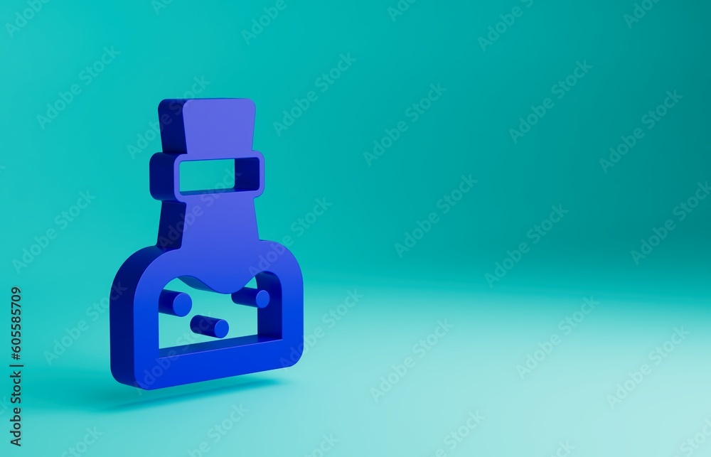 Blue Bottle with potion icon isolated on blue background. Flask with magic potion. Happy Halloween party. Minimalism concept. 3D render illustration Blue Bottle with potion icon isolated on blue background. Flask with magic potion. Happy Halloween party. Minimalism concept. 3D render illustration