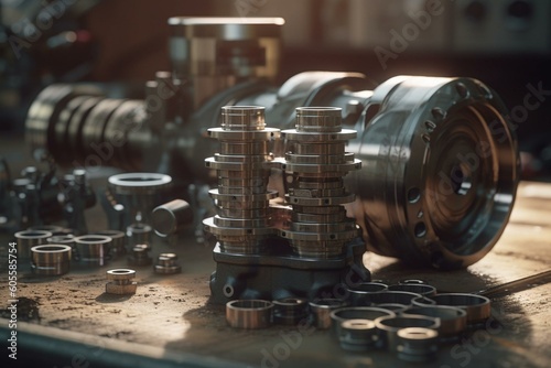 3D rendering of engine pistons and crankshaft mechanism. Generative AI