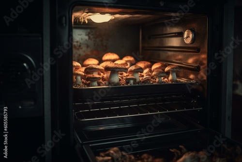 Mushrooms baked in oven. Generative AI