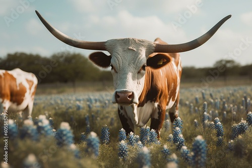 A Texas longhorn stands in a field of bluebonnets. Generative AI