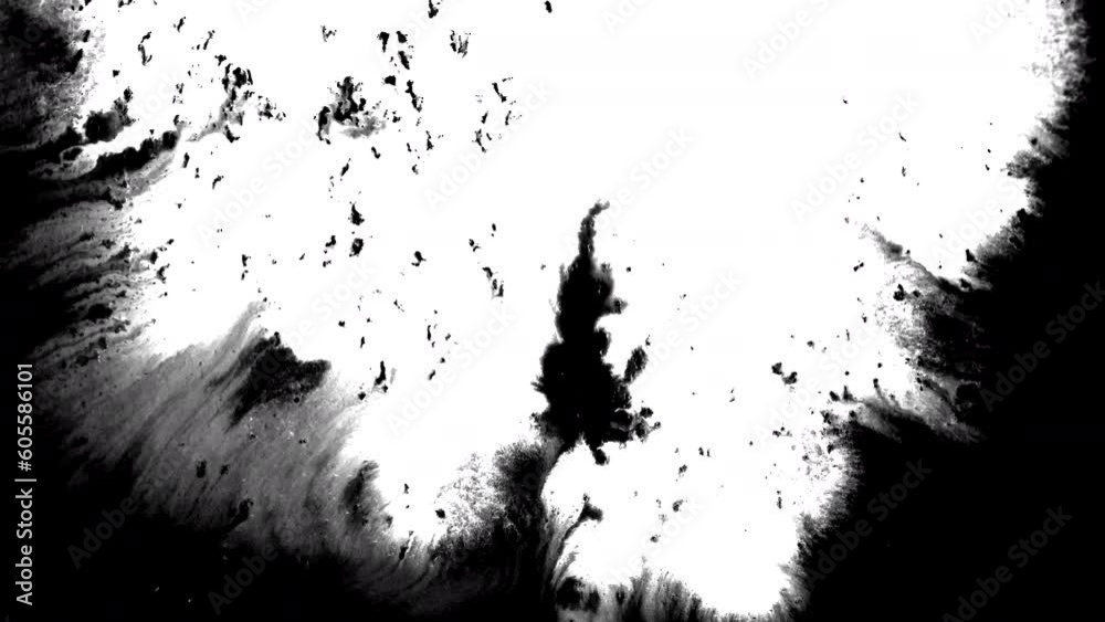 Black ink artistic flow splatter spots spills white paper beautiful reveal dripping streaks spread fluid alpha matte isolated watercolor drops transition stream stain leak scatter over screen