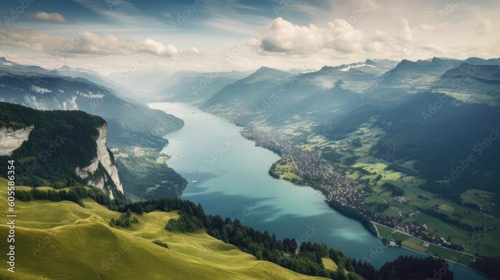 Beautiful Switzerland Landscape Bird Eye Angle Wallpaper Generated AI