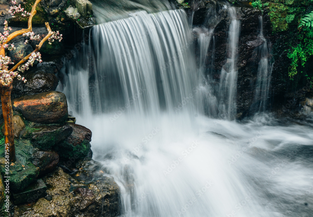 Obraz premium A waterfall cascading from a pile of rocks with a cherry blossom tree beside it