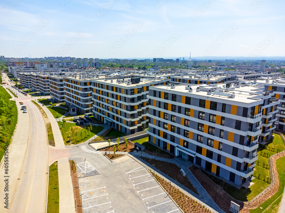 Aerial view landscape Poland Cracow. View of modern estate and blocks of apartments, new apartments. 