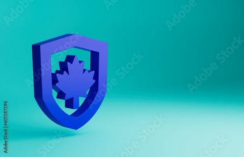 Blue Canada flag on shield icon isolated on blue background. Minimalism concept. 3D render illustration