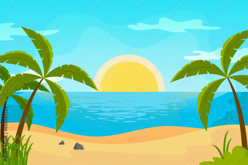 Summer landscape tropical beach with flat design background