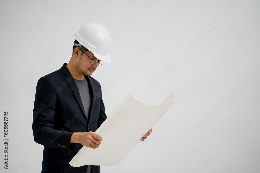 Portrait of a civil engineer showing gestures of various works with isolated white background.