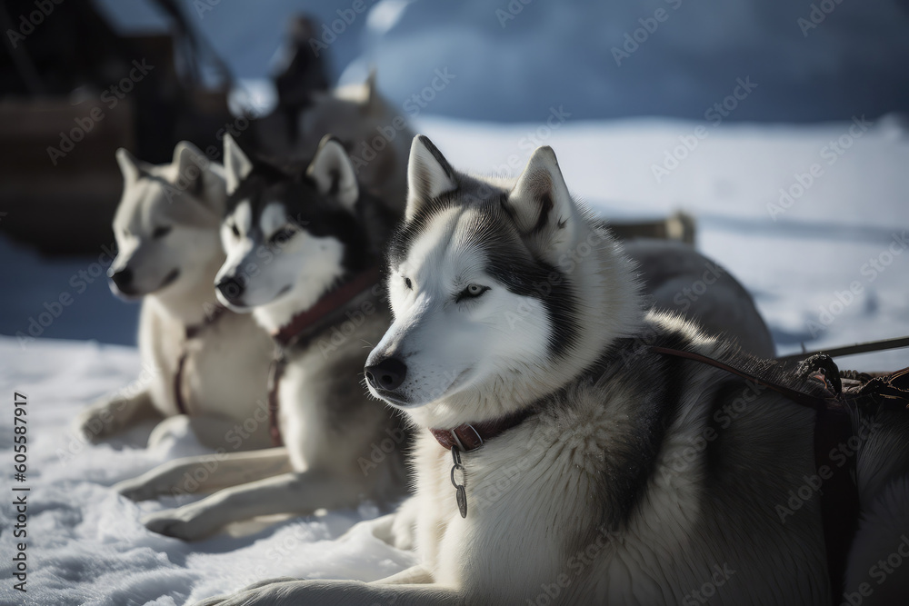 A team of husky sled dogs rest on sea ice, Greenland, generative AI