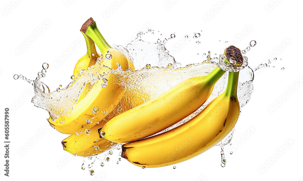Ai generative.  Bunch of bananas on water splash  on white