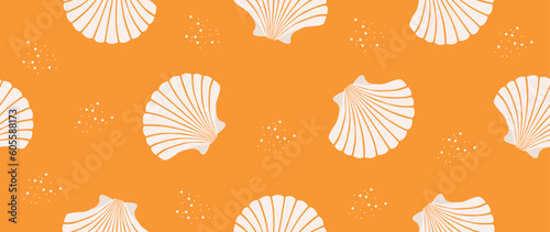 Vector flat illustration. Seamless sea shells on an orange background. In cartoon style. Cute print with small circles. Ideal for gift wrapping, posters, covers, screensavers, textile decor, etc.