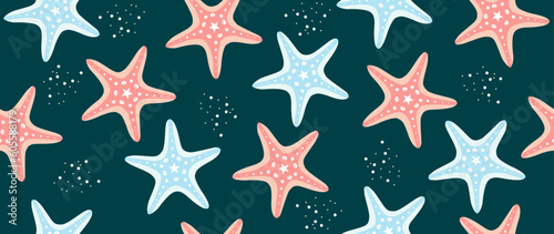 Vector flat illustration. Colorful seamless wallpaper pattern with starfish in blue and pink colors on a dark blue background. Ideal as a cover, gift wrap, textile design and more. © TA Sydoruk