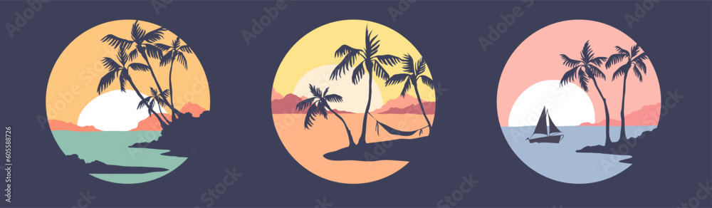 Abstract tropical landscape. Three vector illustrations. Sunset in a bay with palm trees. Print for t-shirt in the shape of a circle