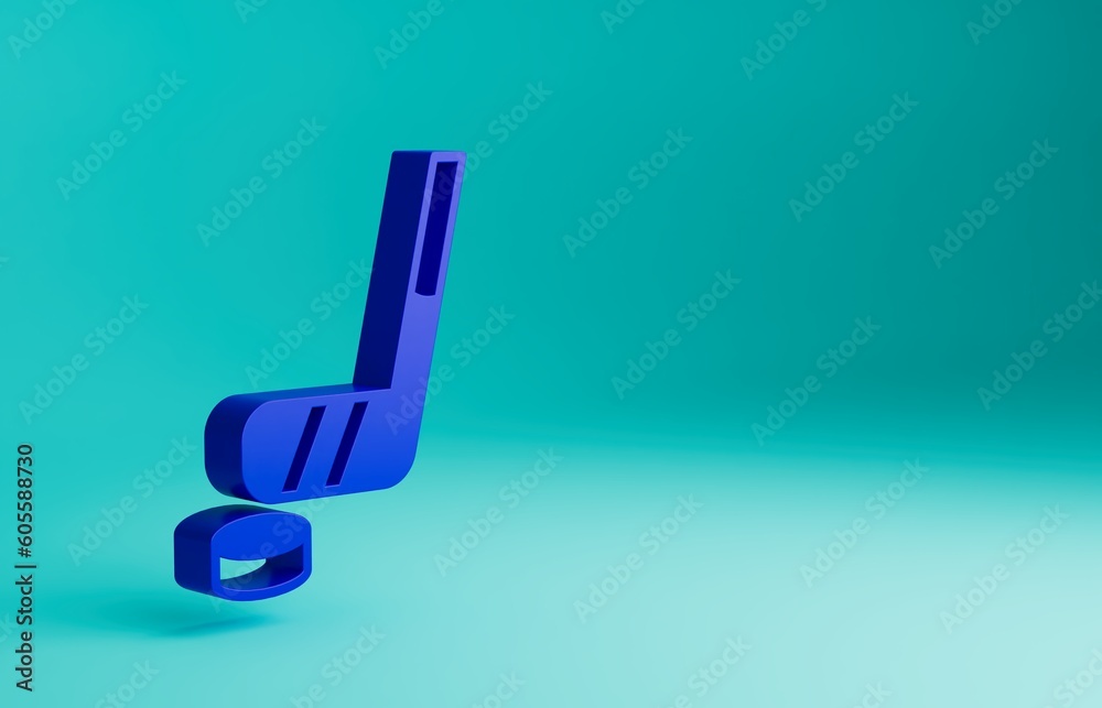 Blue Ice hockey stick and puck icon isolated on blue background. Minimalism concept. 3D render illustration Blue Ice hockey stick and puck icon isolated on blue background. Minimalism concept. 3D render illustration