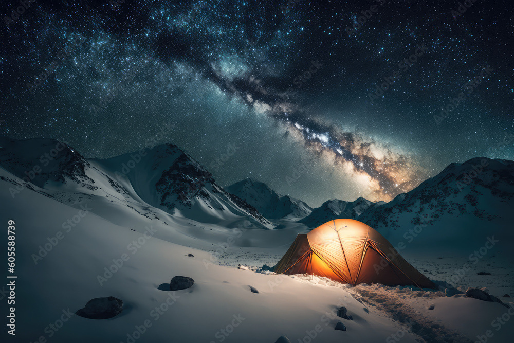 Camping in the snowy mountains on a Expedition. Beautiful winter nature landscape. A pitched tent under the shining stars of the milky way night sky with snowy mountains in the background, generative 