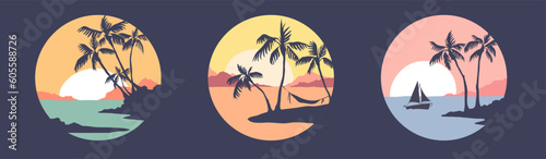 Abstract tropical landscape. Three vector illustrations. Sunset in a bay with palm trees. Print for t-shirt in the shape of a circle