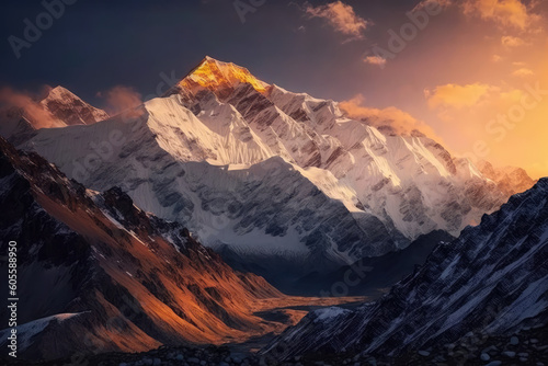 Panoramic view of himalayas mountains, Mount Everest. Panoramic view of the snowy mountains in Upper Mustang, Annapurna Nature Reserve, Nepal, generative AI © Kien