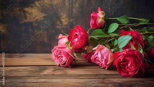 beautiful roses on wooden background made with generative ai #605589321