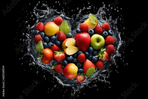 Various Fruit in the heart shape with splash water, Healthy fruits Rich in Vitamins. Generative Ai