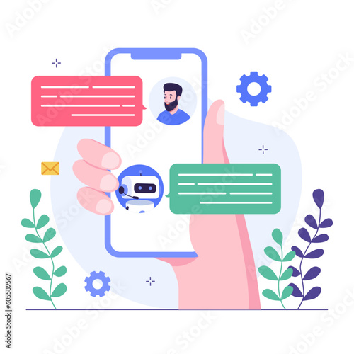 Customers hold their smartphone screens in their hands and interact with chatbots