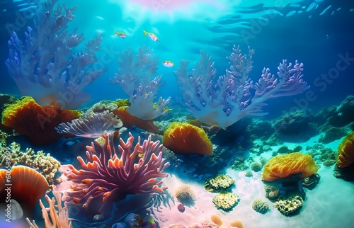 A mesmerizing underwater oasis filled with vibrant coral reefs, colorful fish, and intricate seashells, illuminated by sunlight that creates captivating patterns on the sandy ocean 