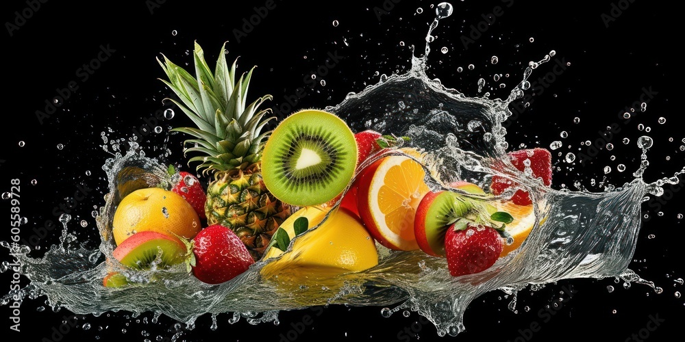 Fototapeta premium Various Fruit with Water Splash on Dark Background, Healthy fruits Rich in Vitamins. Generative Ai