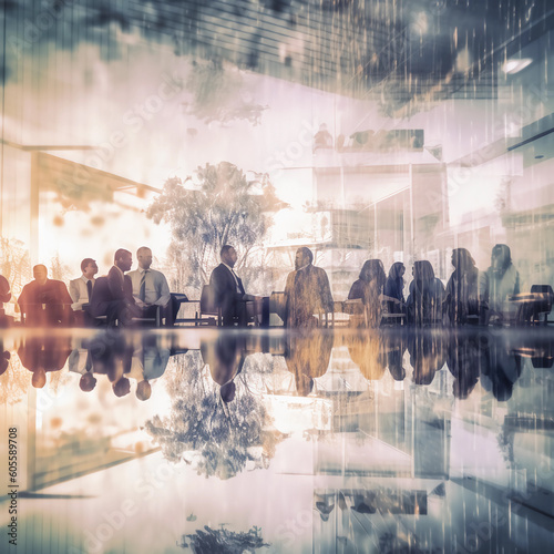 Partnership Success in Business: Double Exposure of Business People Conference Group Meeting with City Office Building in the Background, ,  Created by Generative AI