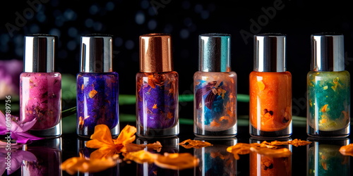 chemical-based nail polishes and natural, non-toxic alternatives made from plant-based ingredients, highlighting their long-lasting and vibrant colors. Generative AI
