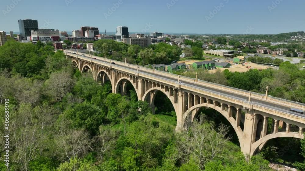 Viaduct bridge in Allentown PA. 8th St Albertus Meyers Bridge. Rising aerial reveal on sunny day. Viaduct bridge in Allentown PA. 8th St Albertus Meyers Bridge. Rising aerial reveal on sunny day.