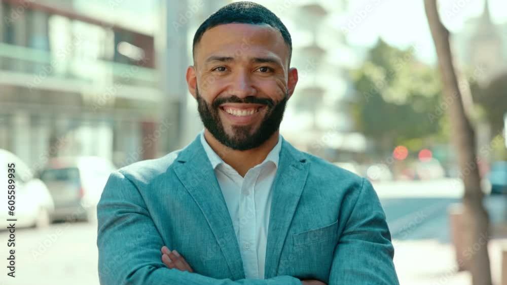 Business man, face smile and arms crossed of a male employee feeling success in a city. Urban businessman, happiness and outdoor of a young worker ready for work and management with job pride Business man, face smile and arms crossed of a male employee feeling success in a city. Urban businessman, happiness and outdoor of a young worker ready for work and management with job pride