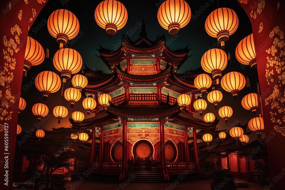 Fototapeta premium Traditional Chinese Buddhist Temple illuminated for the Mid-Autumn festival, many lanterns, generative AI