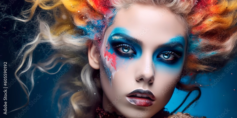 Obraz premium creating a high-fashion editorial makeup look, highlighting the use of unconventional colors, textures, and techniques. Generative AI