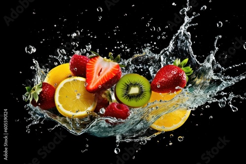 Various Fruit with Water Splash on Dark Background  Healthy fruits Rich in Vitamins. Generative Ai