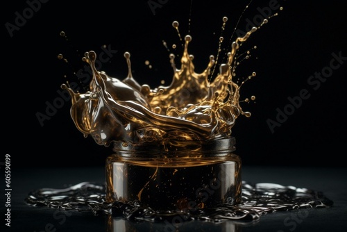 Golden liquid splash with swirls, isolated on black background. Luxury beauty concept. Generative AI