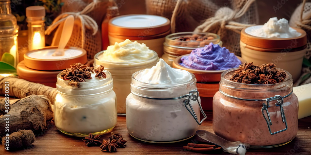homemade natural cosmetics, such as lip balms, body butters, and bath bombs, using ingredients like shea butter, cocoa butter, and essential oils. Generative AI