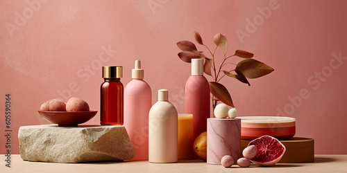 natural skincare products, including cleansers, toners, and moisturizers made from organic ingredients like rosewater and jojoba oil. Generative AI photo