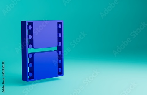 Blue Play video icon isolated on blue background. Film strip sign. Minimalism concept. 3D render illustration