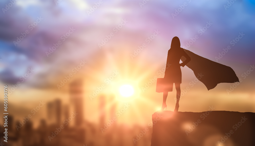 silhouette Brave woman confident superhero with cape. Ambition and business success concept. Leadership hero power, motivation and inner strength symbol