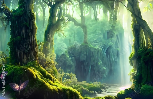 tropical forest in the jungle.  Enchanted Serenity  A Mystical Forest with Towering Ancient Trees  Sunlit Magic  and Mythical Creatures 
