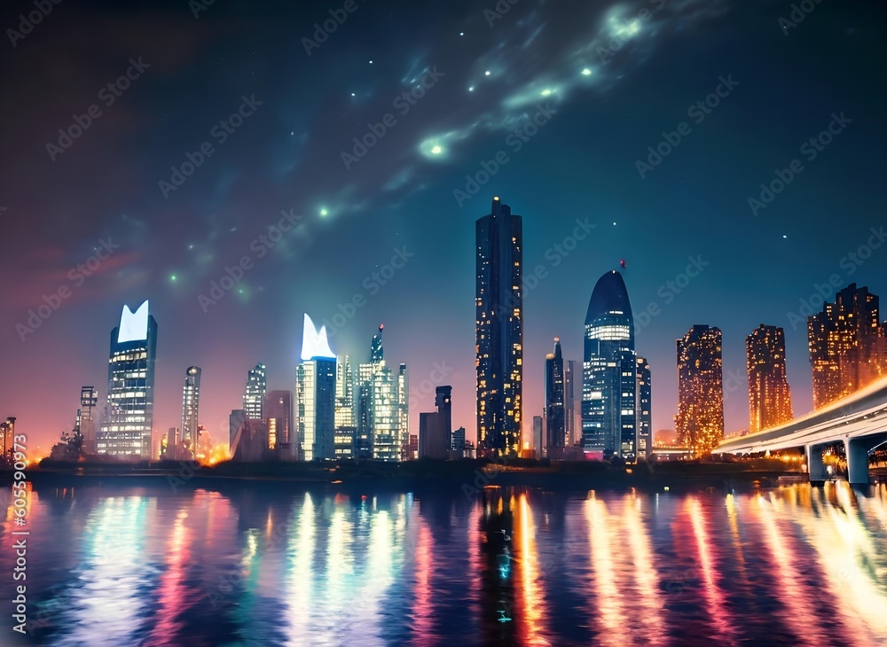 city skyline at night. Nighttime Splendor: Capturing the Energy and Dynamism of Urban Life in a Cityscape