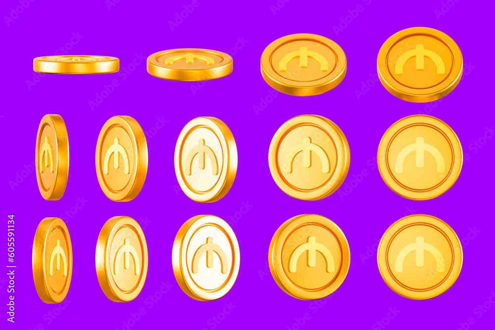 Set of spinning gold silver coins in many views rotate in different angles isolated on white background. 3D Rendering concept of golden coins.  3D Render. 3d illustration. Purple backround