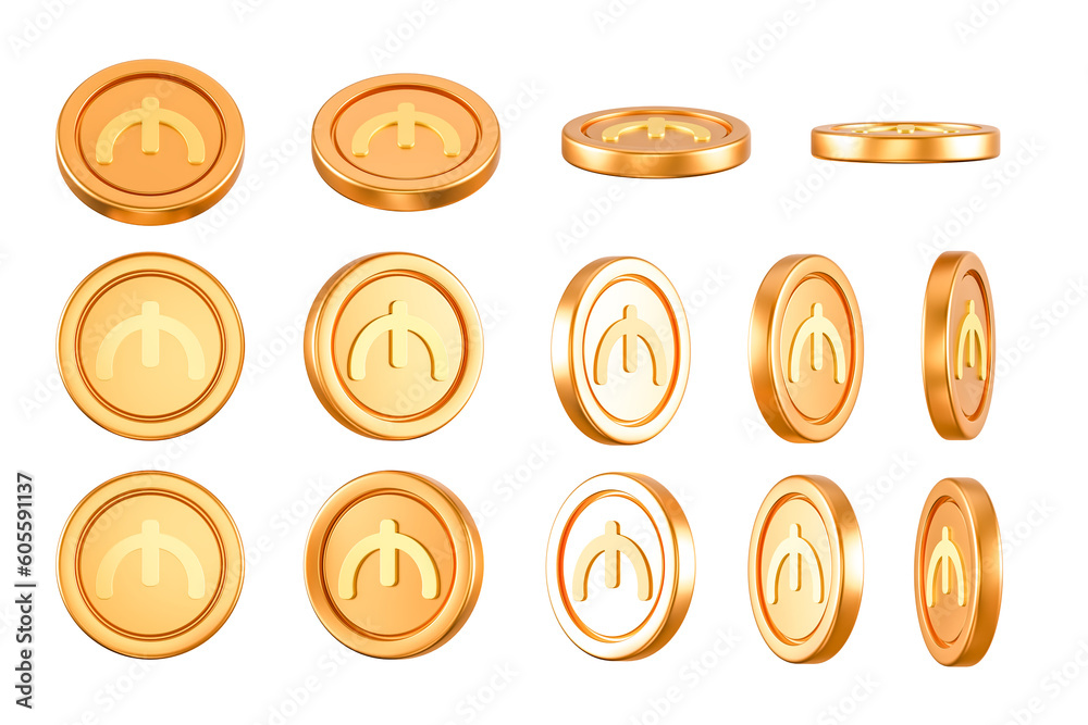 Set of spinning gold silver coins in many views rotate in different angles isolated on white background. 3D Rendering concept of golden coins.  3D Render. 3d illustration. White backround