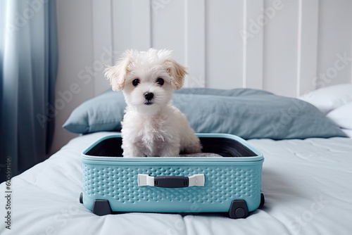 White dog in blue baggage suitcase isolated on white bright interior, background. Travel, Holidays concept. Generated Ai	
