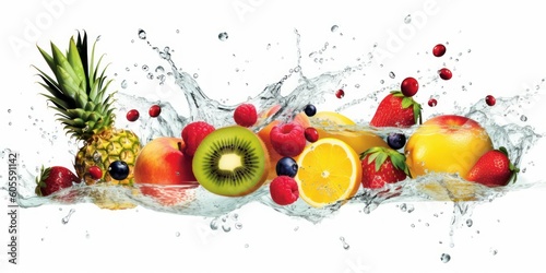 Fruit with Water Splash on White Background  Healthy fruits Rich in Vitamins. Generative Ai
