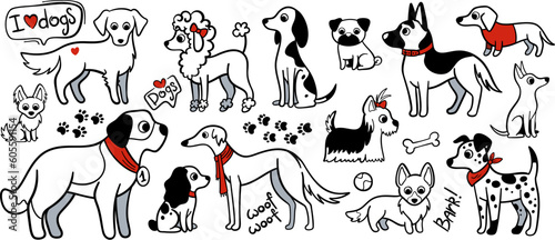 Fototapeta Naklejka Na Ścianę i Meble -  Cute dogs of different breeds collection in doodle cartoon style. Black and white contoured with red bright elements dogs for stickers, coloring book page, printing and other. Isolated on white