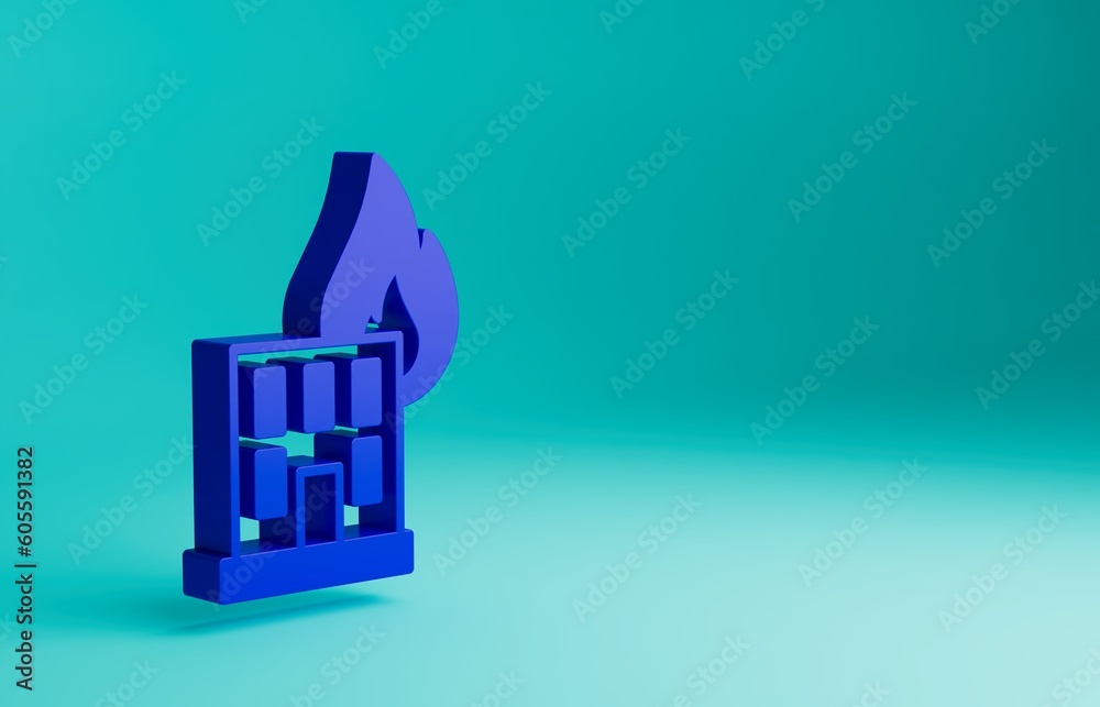 Blue Fire in burning building on city street icon isolated on blue background. Destroyed city on fire. Minimalism concept. 3D render illustration Blue Fire in burning building on city street icon isolated on blue background. Destroyed city on fire. Minimalism concept. 3D render illustration