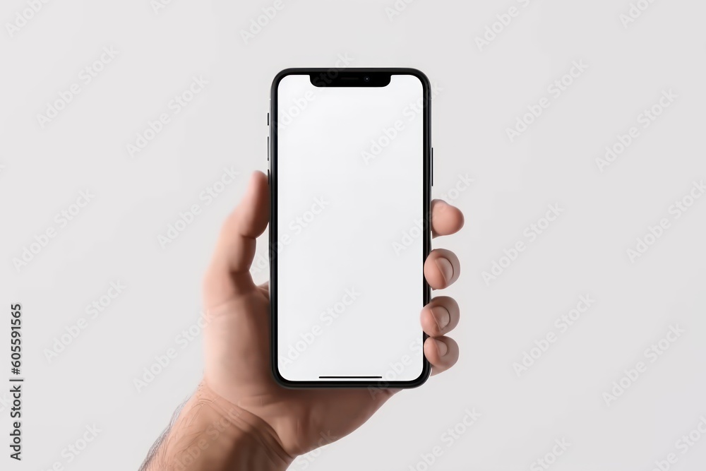 Hand holding smartphone isolated on white background. Created with AI