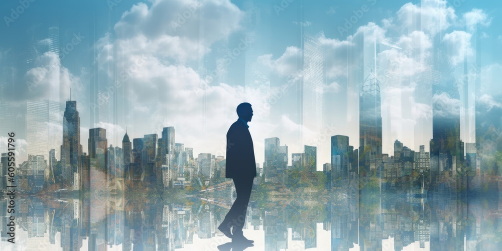 The Double Exposure of Businessman Walking Through Cityscape. Generative AI The Double Exposure of Businessman Walking Through Cityscape. Generative AI