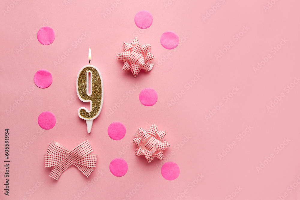 Number 9 on pastel pink background with festive decor. Happy birthday candles. The concept of celebrating a birthday, anniversary, important date, holiday. Copy space. Banner Number 9 on pastel pink background with festive decor. Happy birthday candles. The concept of celebrating a birthday, anniversary, important date, holiday. Copy space. Banner