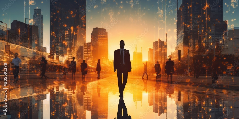 The Double Exposure of Businessman Walking Through Cityscape. Generative AI The Double Exposure of Businessman Walking Through Cityscape. Generative AI