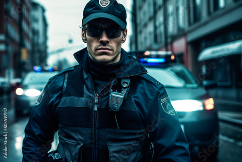 Portrait of a police officer next to his car at night